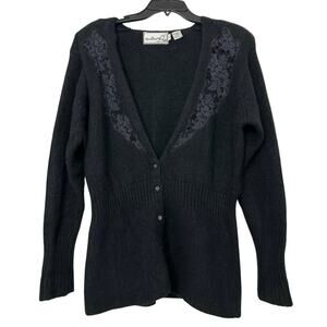 Vintage Needleworks Angora Lambswool Lace Cardigan Sweater Black L Parisian Cozy